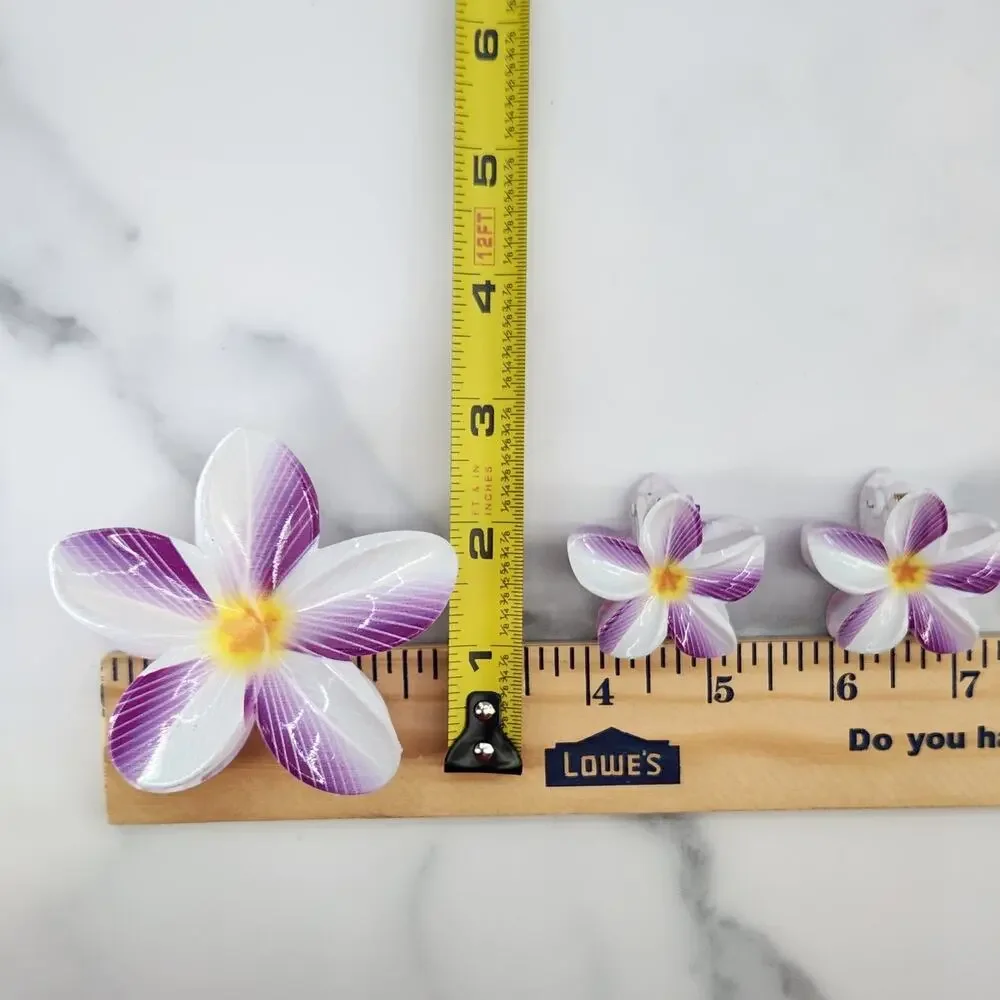 3 pc Hawaiian Flower Claw Clip Set - Hair Accessories Purple & White Plumeria